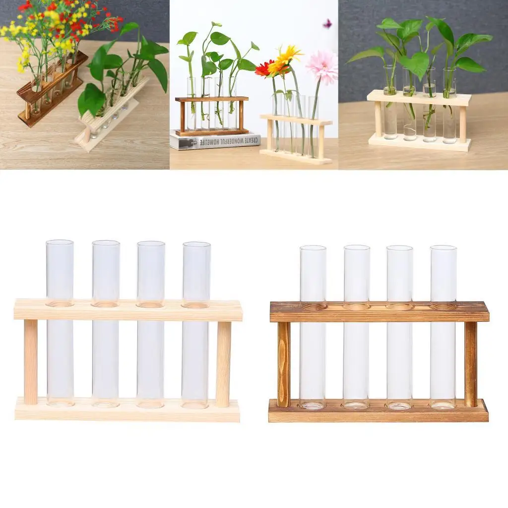 Crystal Glass Test Tube Vase in Wooden Stand Flower Pots for Hydroponic Plants Home Garden Decoration