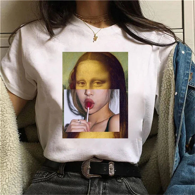 Funny Mona Lisa Print T-shirt Women\'s Humourous Graphic T Shirts Vintage Harajuku Tees Crop Top with Short Sleeve Female Blous