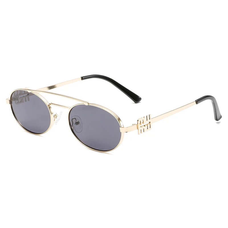 XH إطار بيضاوي مزدوج الجسر UV400 نظارات شمسية عصرية معدنية للحماية من الأشعة فوق البنفسجية وجه بيضاوي مستدير على شكل عين القطة للجنسين #1