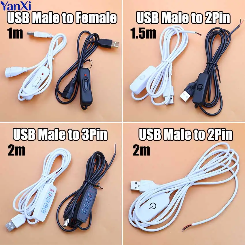 5V Schaltnetzteil-Kabel USB Stecker auf Buchse / 2/3-adriges Verbindungskabel mit EIN/AUS-Taste 2A für LED-Streifen, Lampen, Glühbirnen, DIY