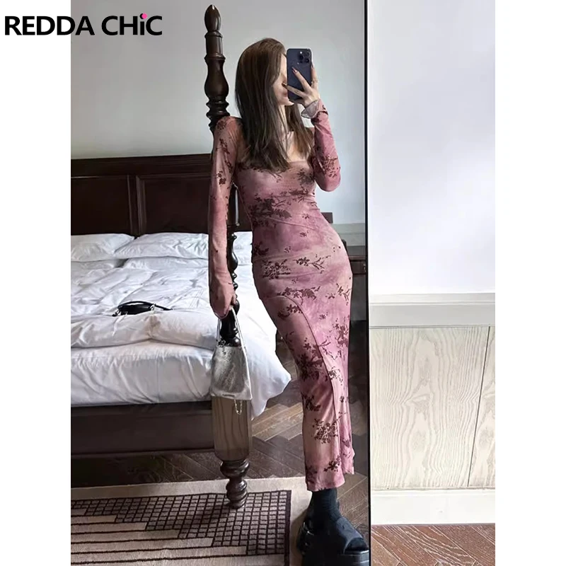 Reddachic ชุดเดรสเข้ารูปแขนยาวสำหรับผู้หญิงเสื้อผ้าฤดูใบไม้ร่วงแบบลำลองชิ้นเดียวผ้าตาข่ายลายดอกไม้