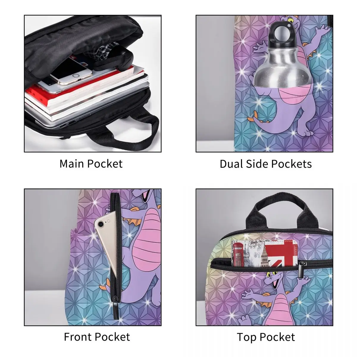Epcot Figment Beacon Of Magic Backpack Large Capacity Boys Girls BookBag School Bag Shoulder Bags for Men Women