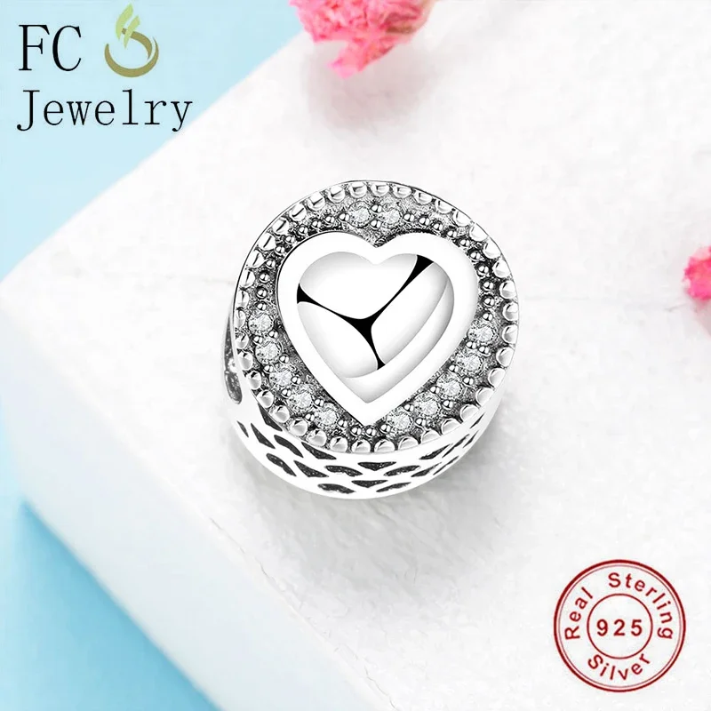 FC Jewelry Fit Original Charms Bracelet Authentic 925 Sterling Silver Round Heart Zirconia Bead For Making Women Berloque 2020