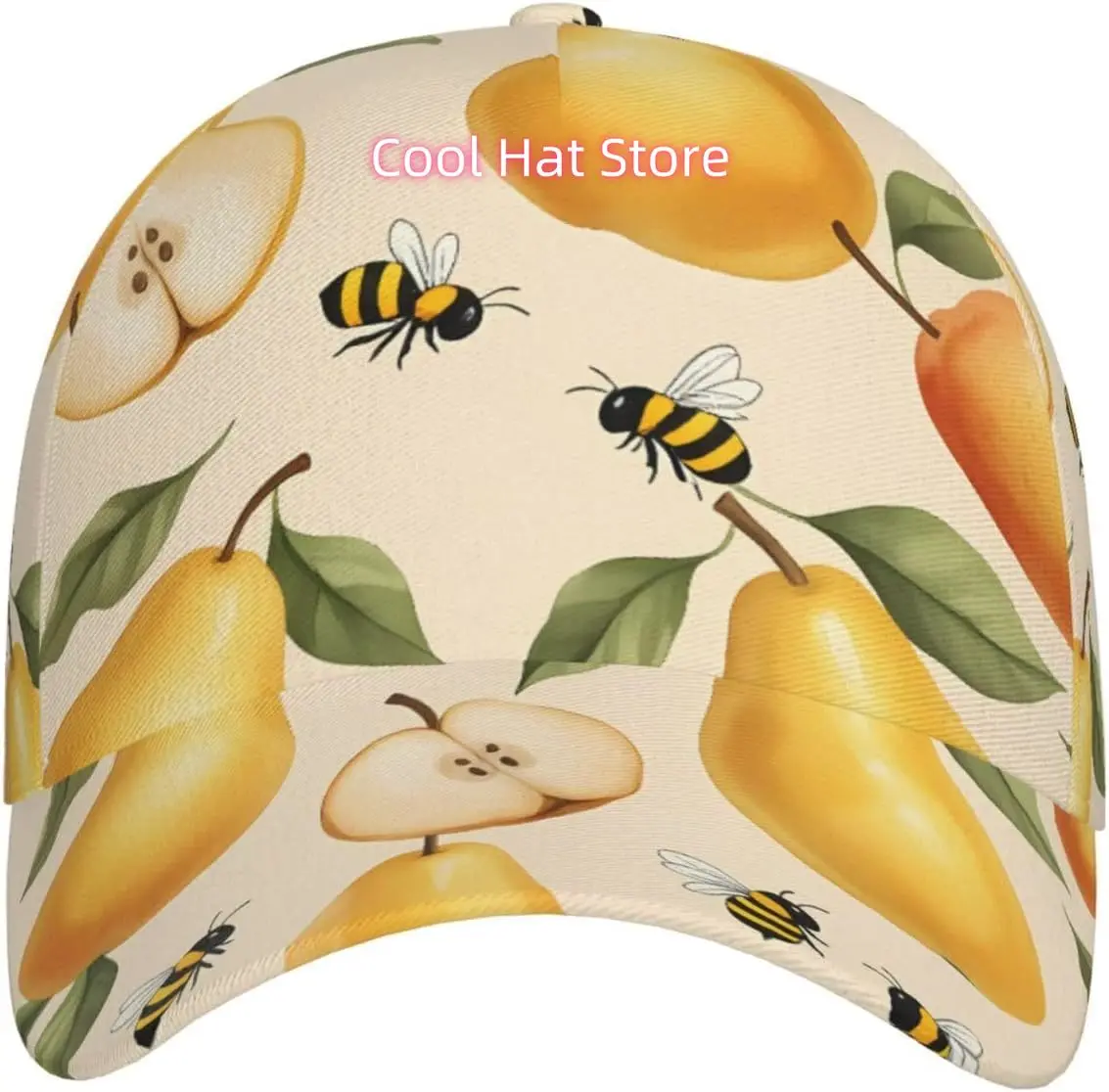 Honeybee Pear Pattern Baseball Cap Adjustable Cotton Baseball Hat for Sports, Outdoor, Travel Gifts for Men Black