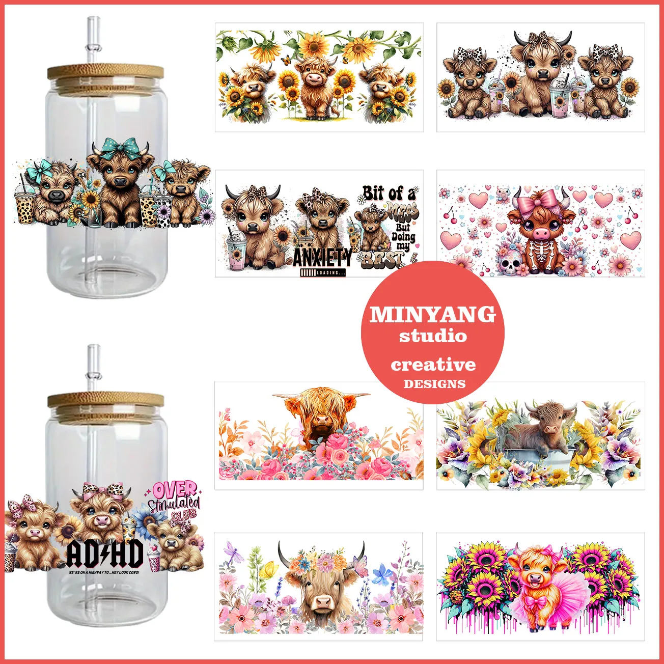 Highland cattle calves peel waterproof DIY Decals 3D transfers uvdtf crystal stickers 16oz uv dtf cup wraps for Libbey Glasses