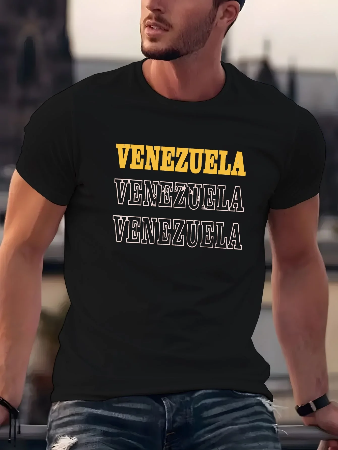 

Men's Venezuela Flag Spanish & English Text T-Shirt Venezuela Map Casual Round Neck White Tee