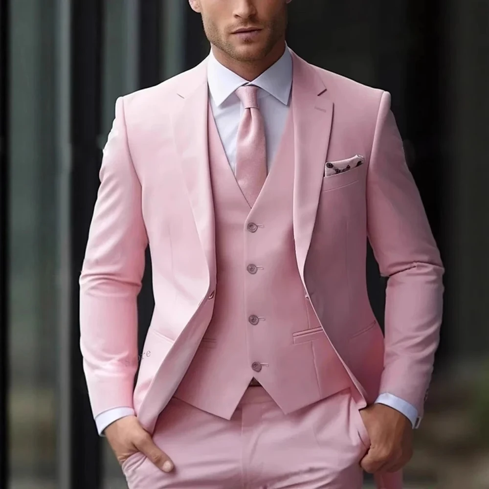 

Men's 3 Piece Suit Sets Pink Suit Men Notched Lapel Single-Breasted Suit Blazer+ Vest + Pants Customed for Business & Weddings