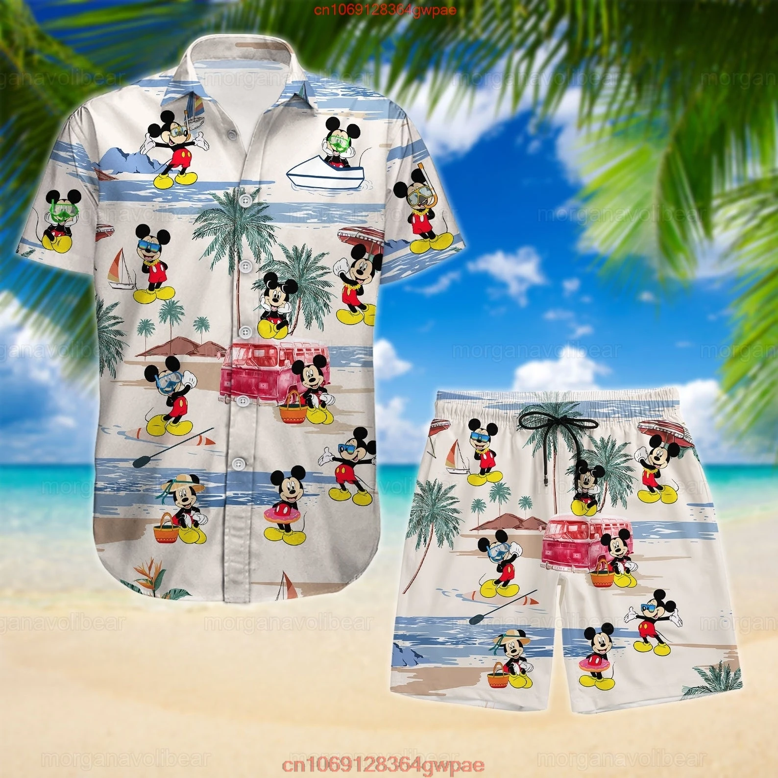 Mickey Hawaiian Shirt Shorts Set Men\'s Women\'s Summer Casual Beach Vacation Shirt Set Disney Beach Shorts Vintage Button Shirt