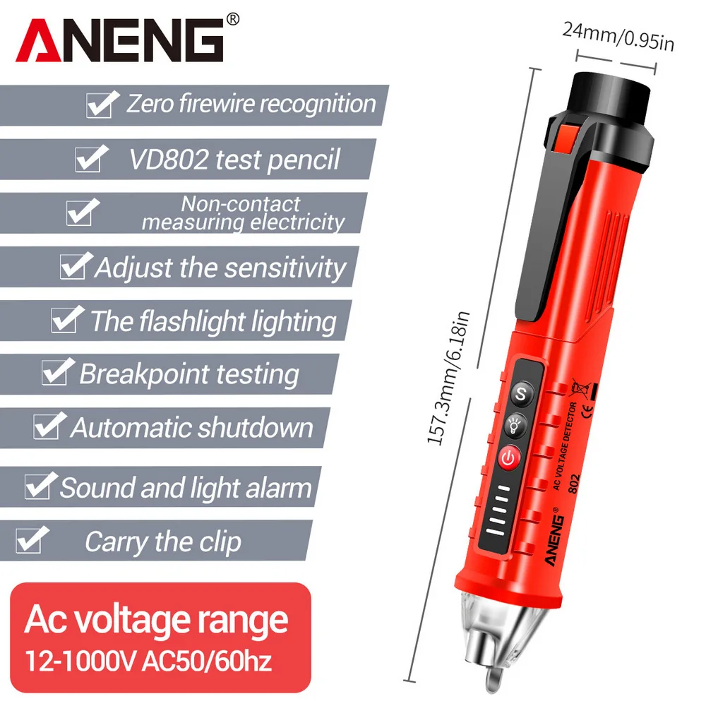 ANENG VD802 Portable Non-Contact AC Detector Tester NCV Sensitivity Pen Style Electric Indicator LED Voltage Meter Vape 12-1000v