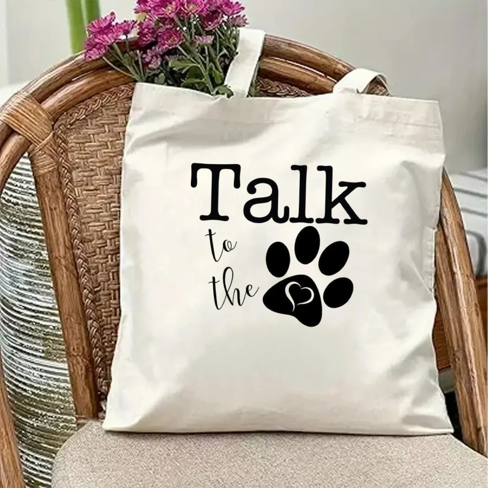 

Funny Talk To The Paw Canvas Tote Bag Cute Dog Cat Paw Print Aesthetic Slogan Reusable Shoulder Grocery Shopping Handbag Pack