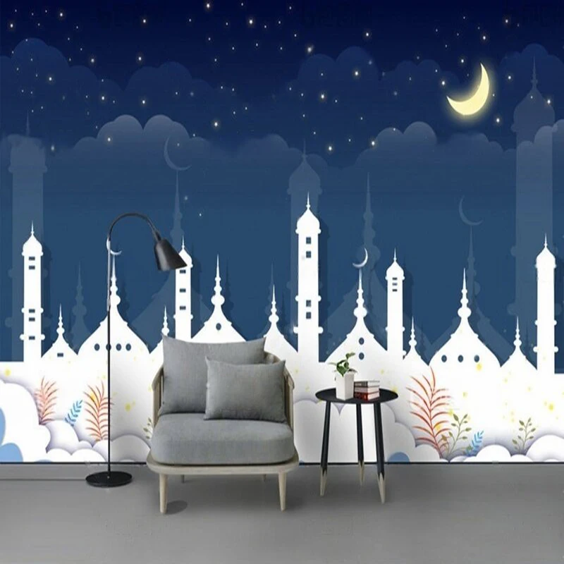 Modern and beautiful starry sky castle flowers plants moon cartoon children's room TV luxurious home decoration background wall