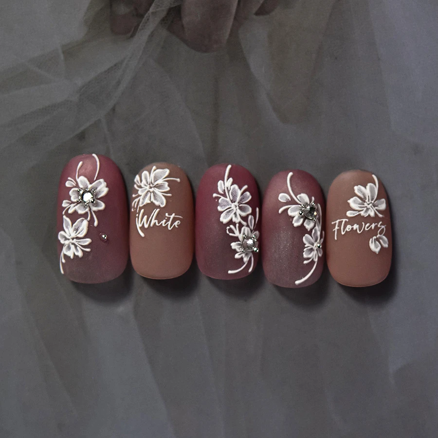 1 pièce 5D blanc floraison fleur autocollant pour ongles fleur arc strass perle doux relief nail art décoration autocollant nail art décalcomanie