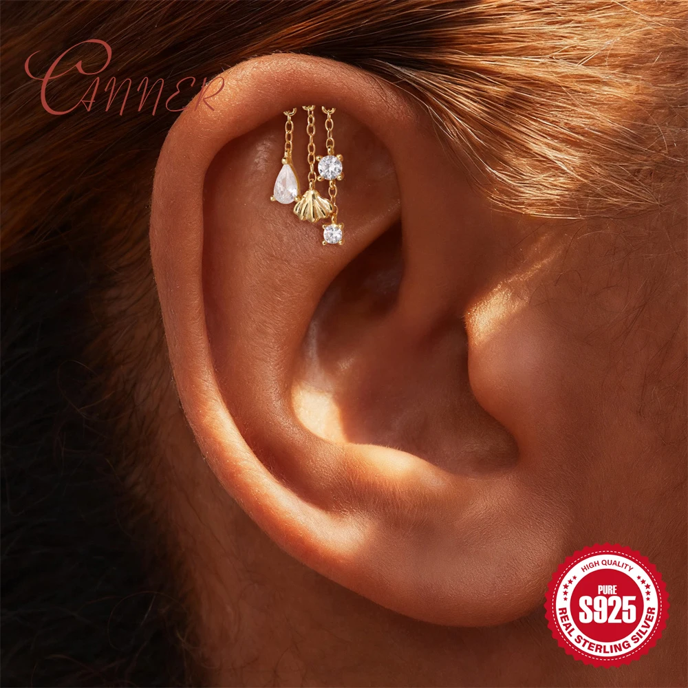 Canner 925 Sterling Silver Geometric Tassel Chain Piercing Stud Earring For Woman 18K Gold Moon Star daily diy Earring Jewelry