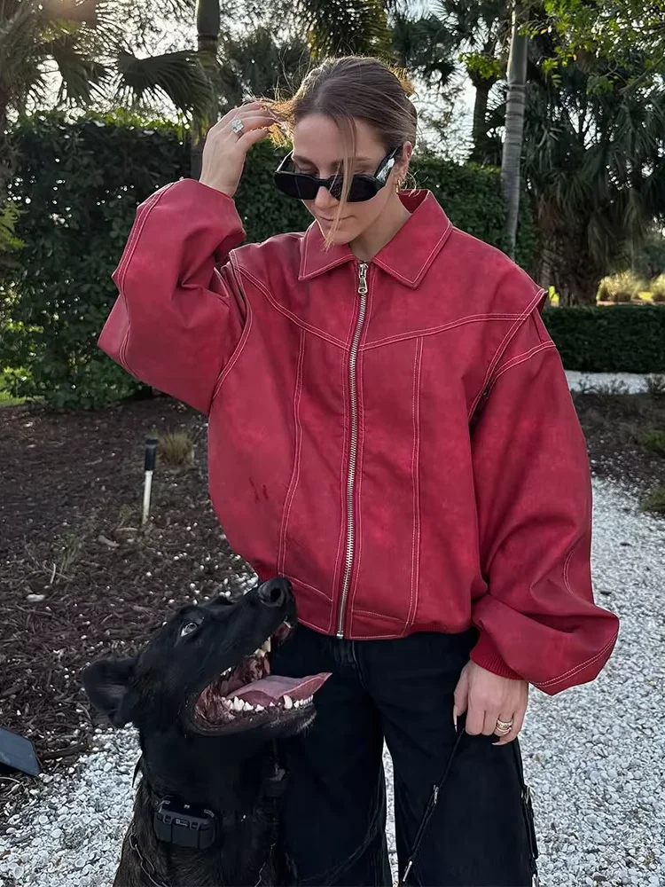 

Lapel Zipper Leather Jacket Women Vintage Long Sleeve Pockets Jacket Street Fashion Outwear 2025 New Autumn Outwear Tops