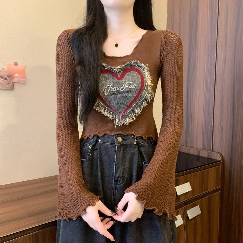 

Retro Hollow Out Sexy Wooden Ear Edge Cowboy Patch Knit Sweater Women's Thin Slim Tops