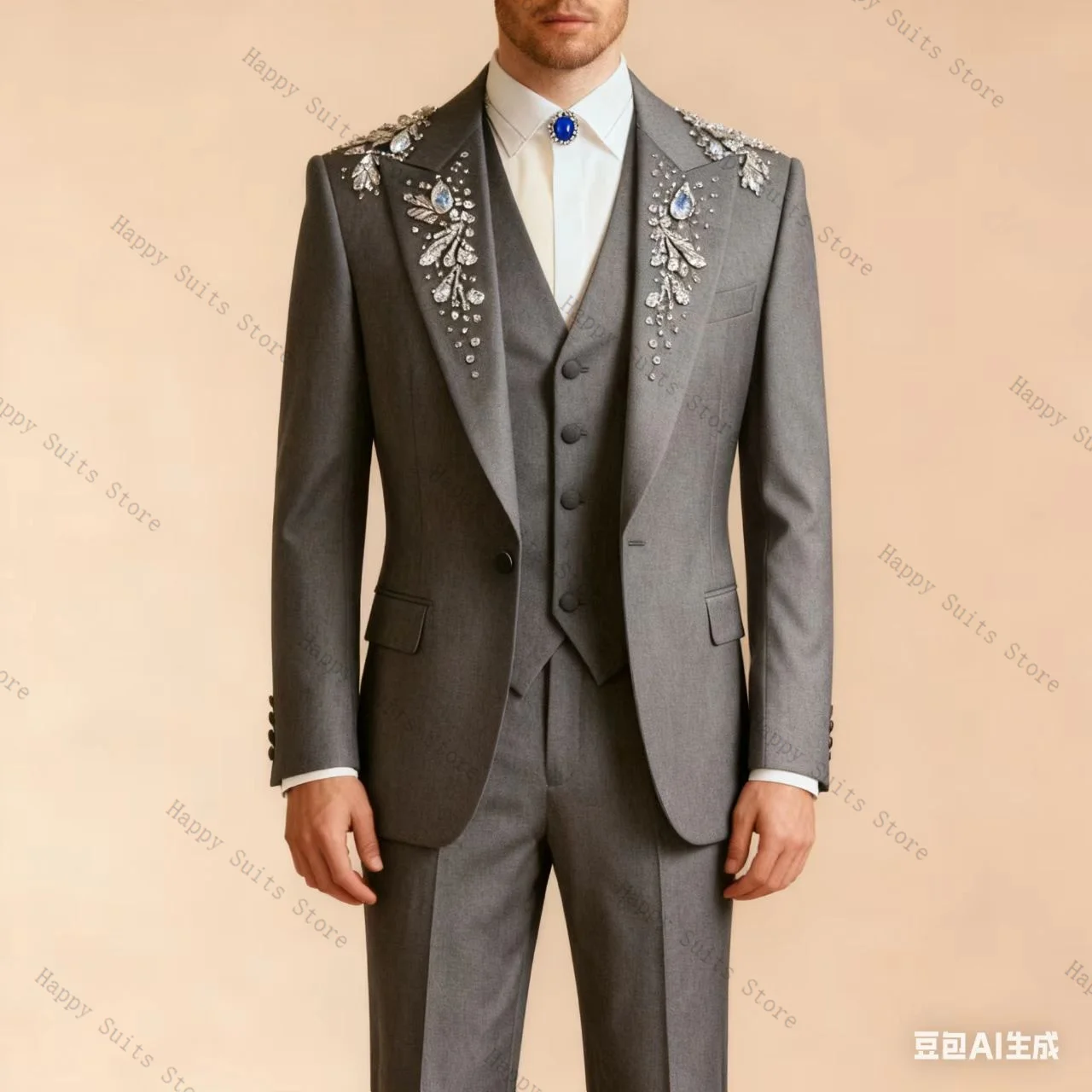 الأزرق بلورات الرجال دعوى مجموعة 3 قطعة سترة + السترة + السراويل بنطلون مكتب رسمي معطف القطن الزفاف البدلات الرسمية سترة مخصصة الزي