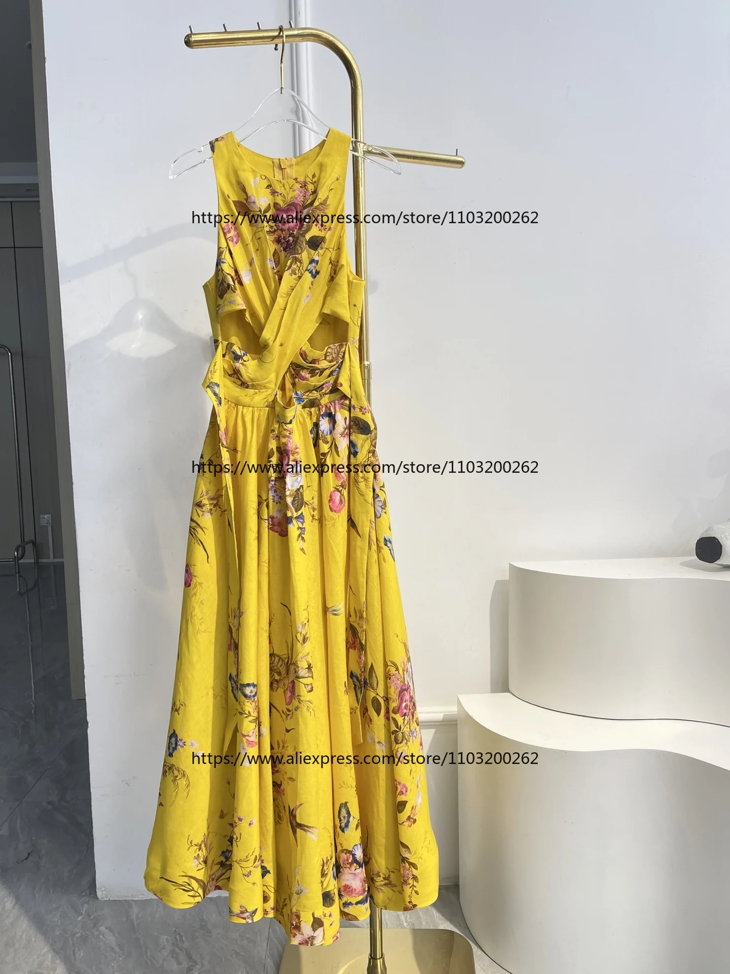 

Holiday for Spring Summer Yellow Floral Print Sleeveless Midi Dress 2025 New Design