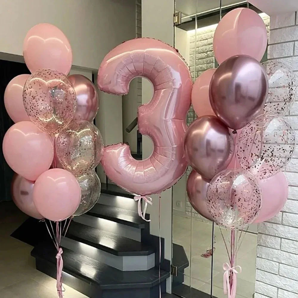 

21pcs Pink 40inch Number Foil Latex Balloons Happy Birthday Party Decorations Kids Girl Baby 1 2 3 4 5 6 7 8 9 Year Old Supplies