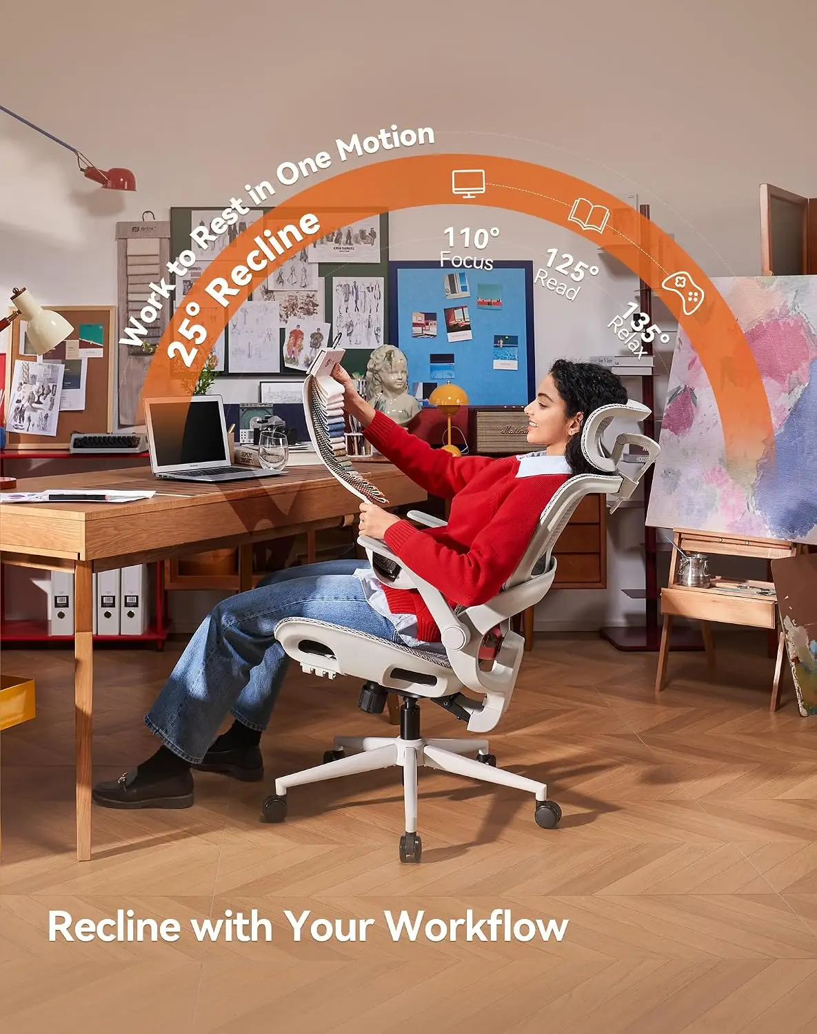 Ergonomic Office Chair with Wide Headrest & Adaptive Lumbar Support, Flip-up Armrests, Swivel Desk Chair, Grey, Customized