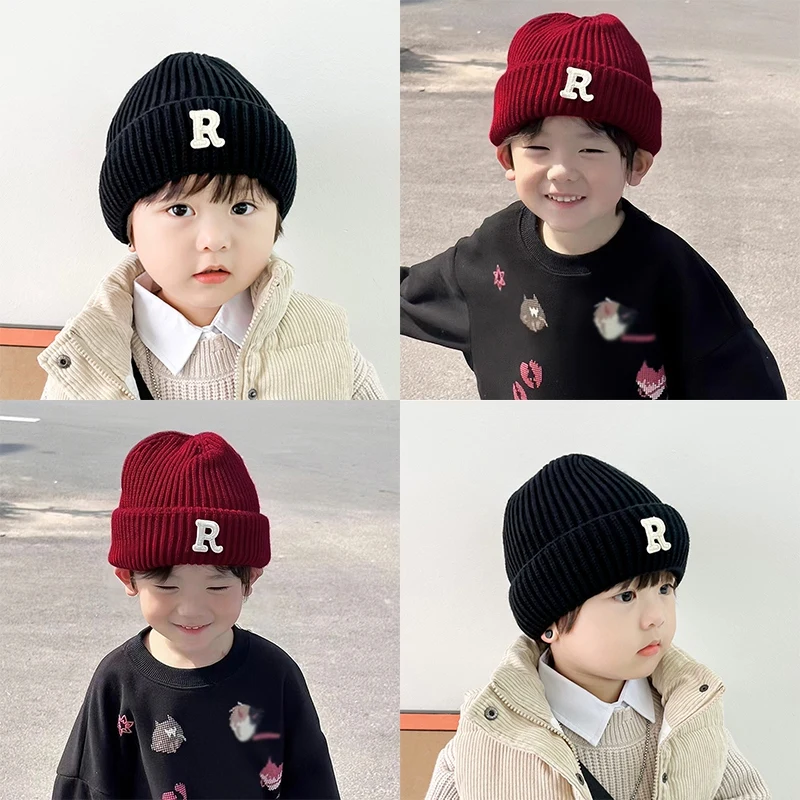 Autumn Winter Baby Embroidery Letter R Beanies Kid Girl Simple Casual Knitted Cap Boy Children Fashion Warm Hat Infant Caps
