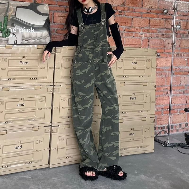 Denim Jumpsuits Women Camouflage Military American Streetwear Design High Waisted Cargo Trousers Vintage Y2k Clothing Personal