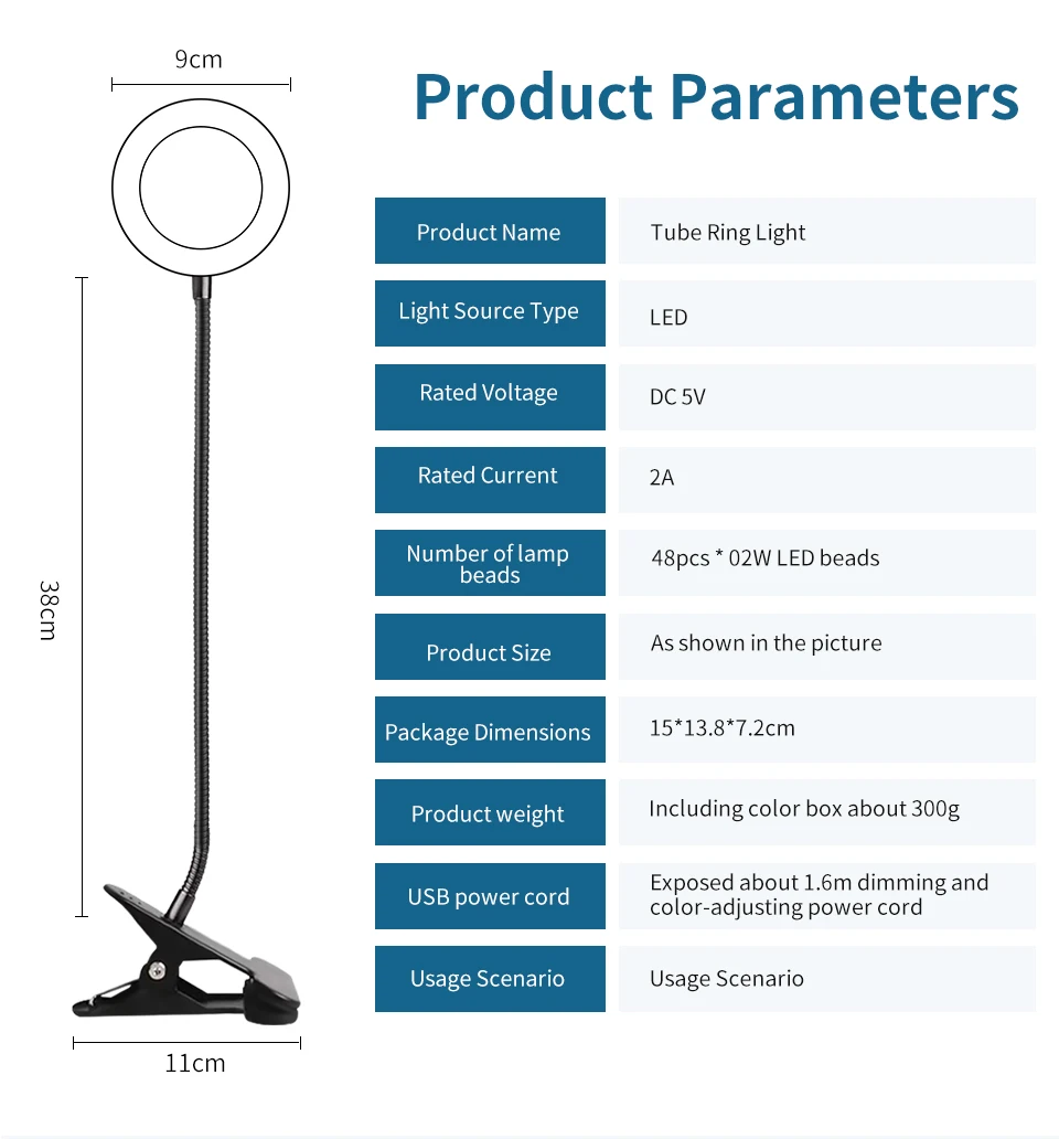USB Foldable Reading Lamp 48 LEDs Clip on Desk Lamp 360°Flexible Gooseneck Reading Table Light Brightness Adjustable 3 Level