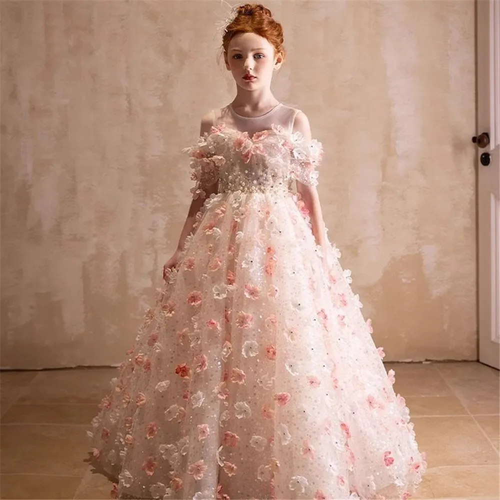 Abito da ragazza di fiore lilla di lusso Mezza manica Fiori 3D per bambini Abito da ballo per principessa, spettacolo di nozze, festa di compleanno