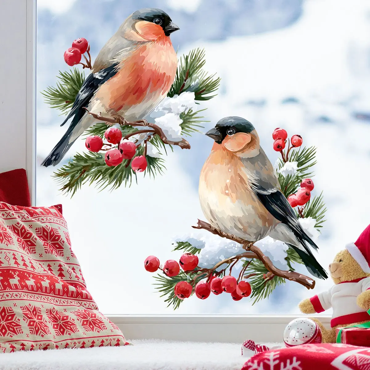 1Set Christmas Love Bean Bird Window Glass Sticker Static Cling for Bedroom Living Room Home Shop Festival Funny Decors