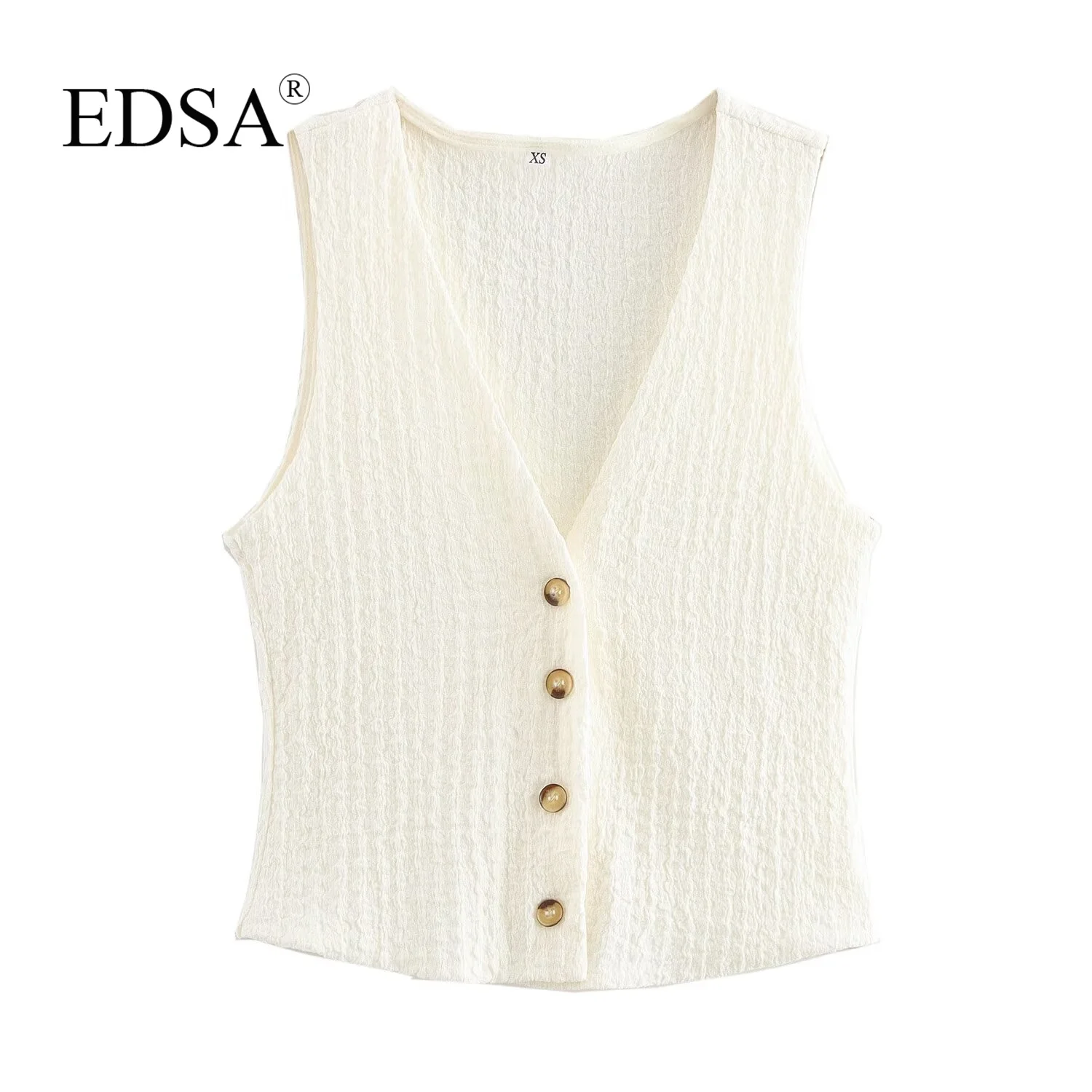 EDSA Women 2 Pcs Set V-Neck Single Breasted Solid Texture Casual Vest Top+High-Waisted Drawstring Wide Leg Pants