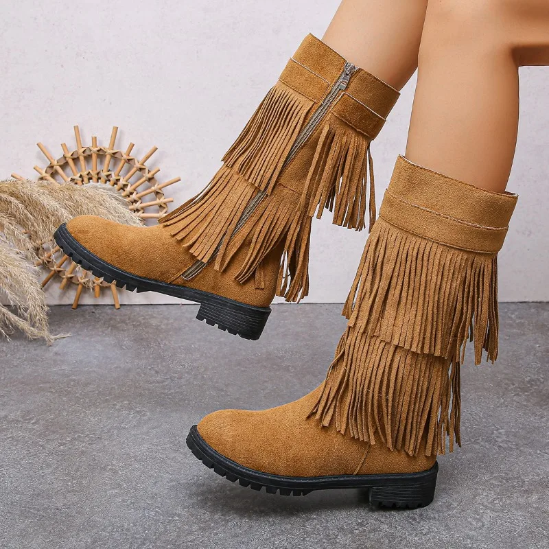 

Fashion Square Heel Tassel Large Size Half Boots 2025 New Women's Shoes Retro Round Toe Solid Versatile Hot Sale Women's Boots