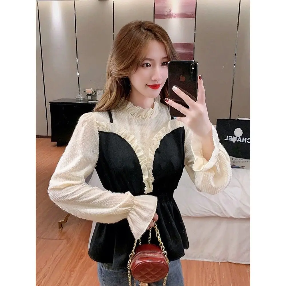 Chiffon Women\'s Top with Camisole and Fake Two-piece Fashionable Casual Flared Sleeve Lace Up Waist Long Sleeved Shirt for Women