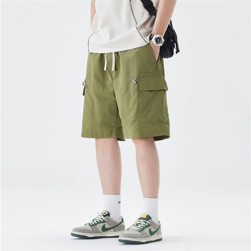 

Summer New Men's Casual Workwear orts Loose Fit Qui Dry Multi-ket Five-Quarter Length Beige Straight Leg mid Waist
