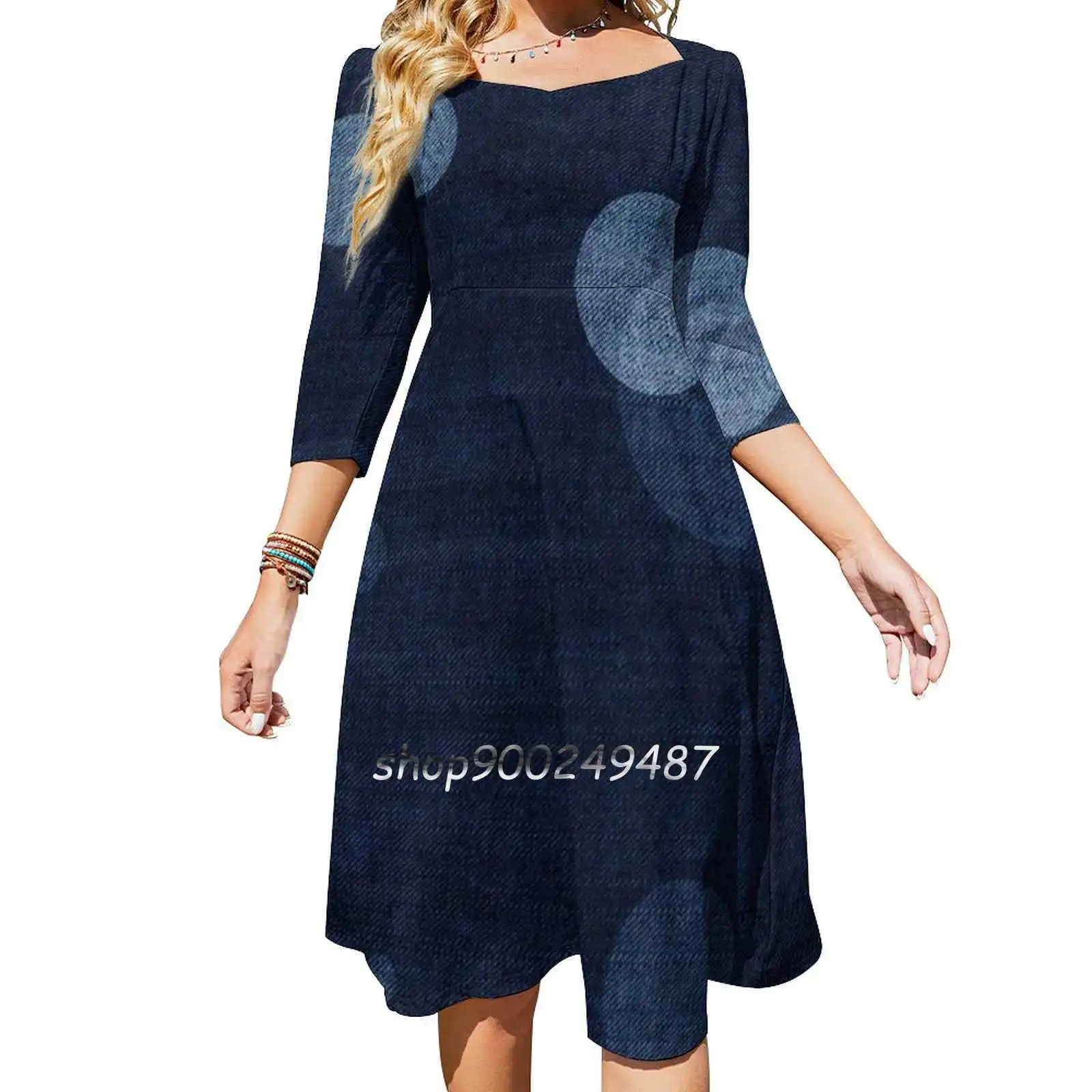 Moon Flare Dress Square Neck Dress Elegant Female Fashion Printed Dress Blue Moon Lunar Moon Cycle Dark Indigo Blue Deep