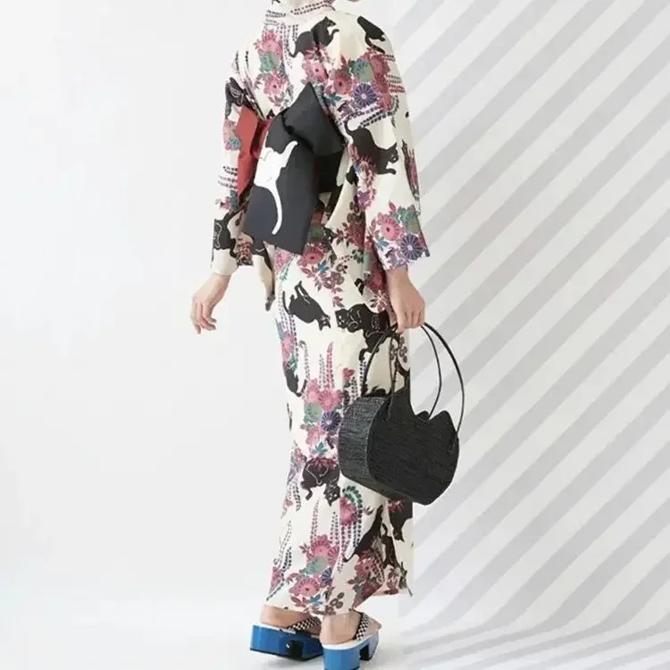 Kimono japonés tradicional para mujer, ropa de Cosplay, vestido Vintage de verano, ropa Formal, bata Yukata con estampado de gato