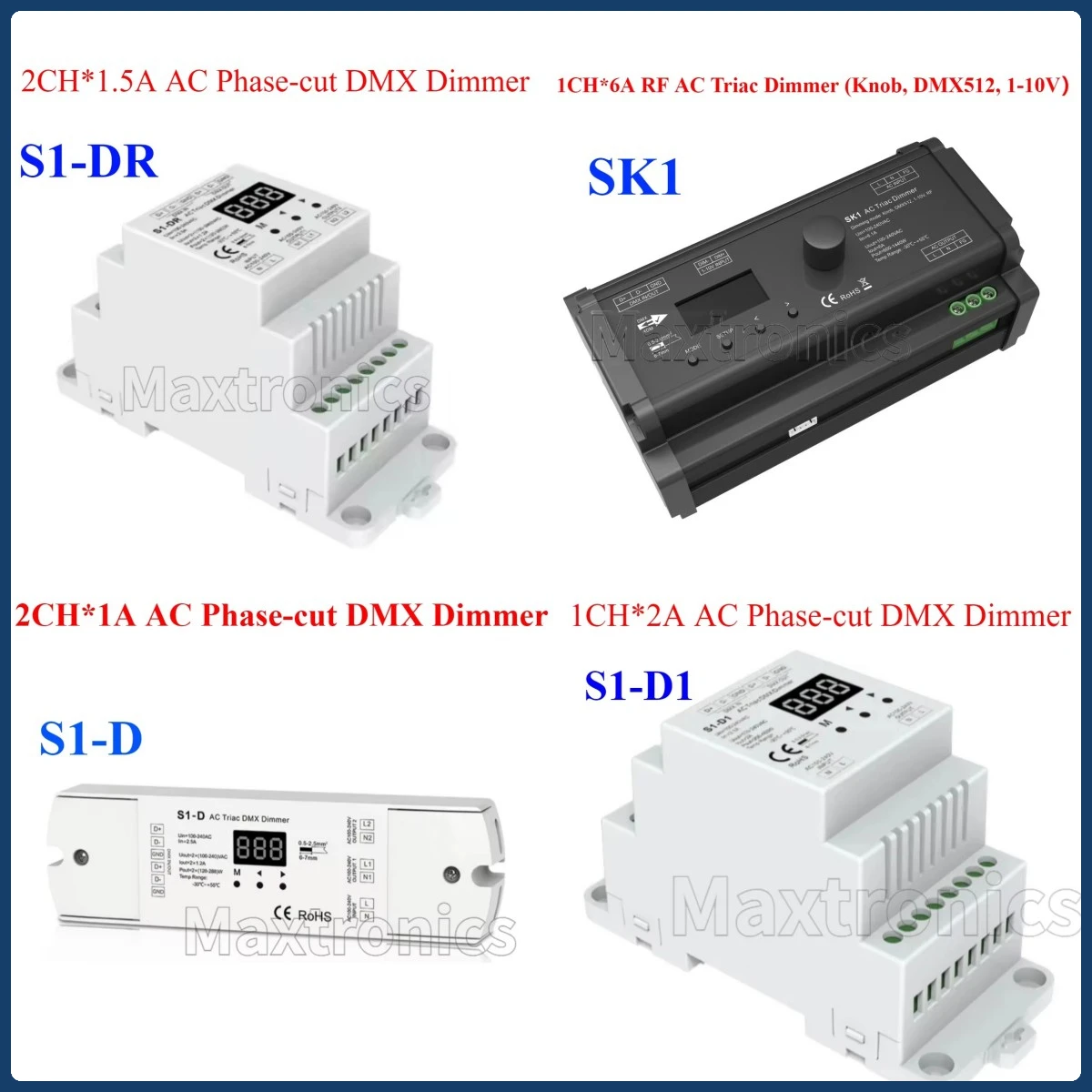 S1-D(2CH*1A) S1-D1(1CH*2A) LED AC Triac DMX Dimmer S1-DR(2CH*1.5A) SK1(1CH*6A Knob 1-10V Decoder) For LED Dimmable Lights Lamp