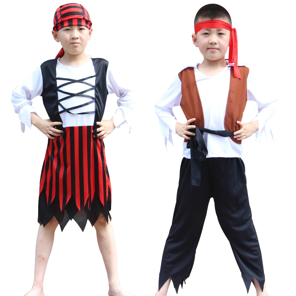 Carnival Child Caribbean Captain Pirate Costume Cosplay for Boys Girls Skull Hat Fancy-Dress Christmas Theme Party