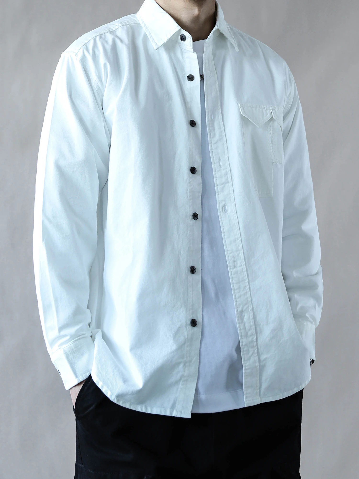 

American Retro Heavyweight Men's irt Spring Autumn Loose Casual Collar Long Sve Waed Cotton High-End Sensation White