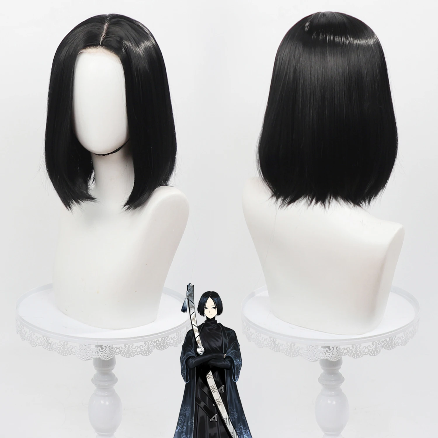 Anime Cosplay Real - アニメリムバスカンパニーリョウシュウコスプレウィッグ黒鎖骨長ボブウィッグリアルスキン頭皮デザイン合成ウィッグカーニバルコスプレ用