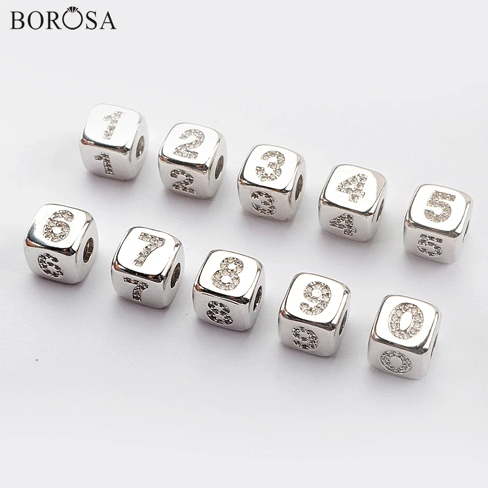 

BOROSA CZ Micro Pave Number Metal Beads for Jewelry Making Golden/Silver Plated Beads Crystal for Necklace Making Accessories