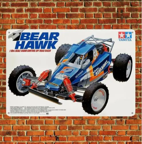 Metal Poster Vintage Rc Car Tin Sign Plaque Tamiya Bear Hawk Buggy Boxart