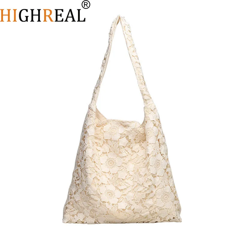 

Summer Lace Flower White Lazy Tote Bag Large Capacital Student Commute Canvas Tote Bag Women Armpit Artistic Daily Use Bags