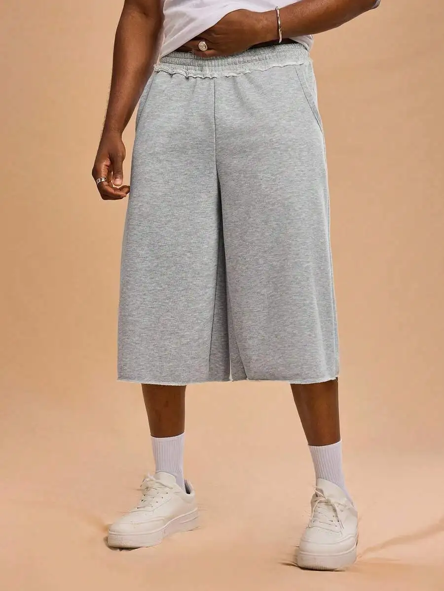 

Mens Grey Casual Loose Mid-Length Athletic Shorts With Unfinished Edges