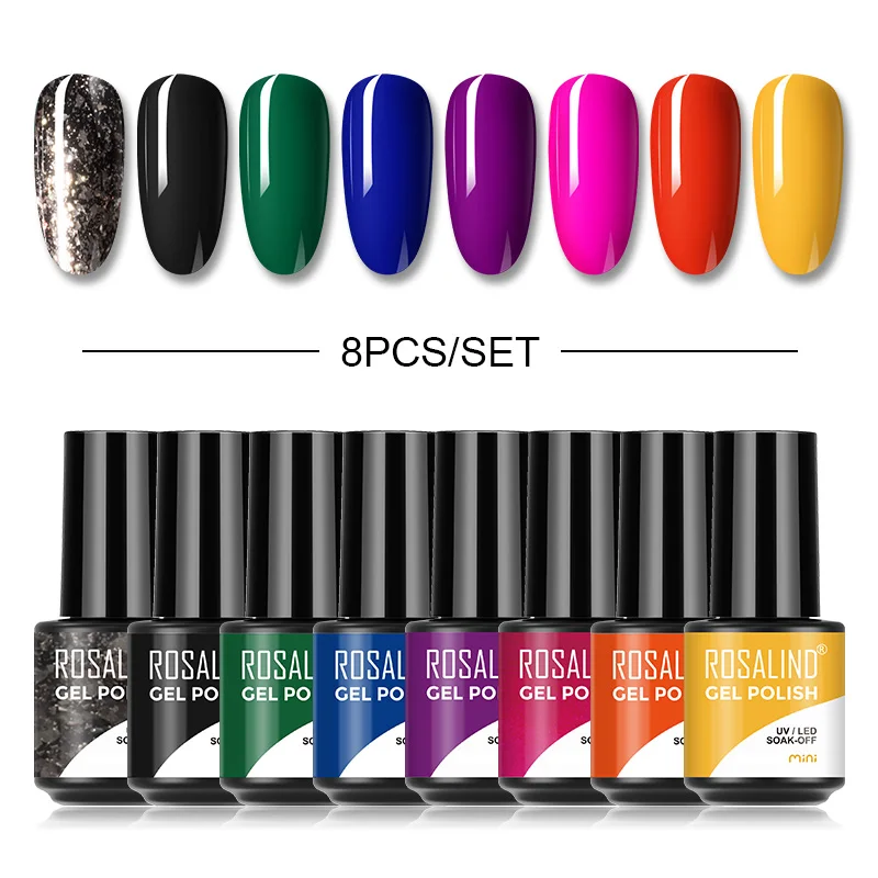 ROSALIND 8PCS Nail Gel Nail Polish -Mini Multiple Colorful Lacquer Semi Permanent UV Nail Varnish Hybrid Base Top Coat Nail Art