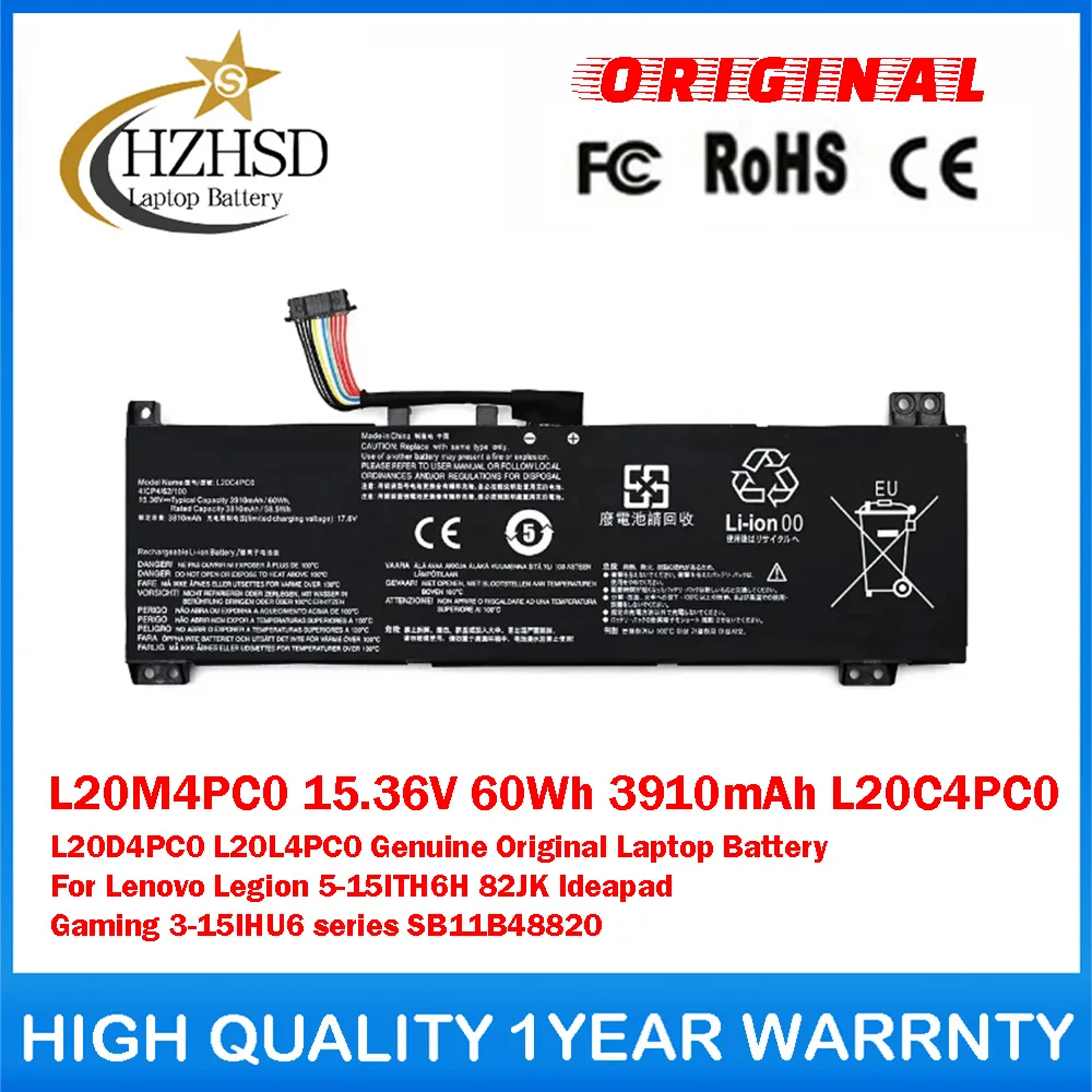 

L20M4PC0 15.36V 60Wh 3910mAh L20C4PC0/D4PC0/L4PC0 Genuine Original Laptop Battery For Lenovo Legion 5-15ITH6H Ideapad 3-15IHU6