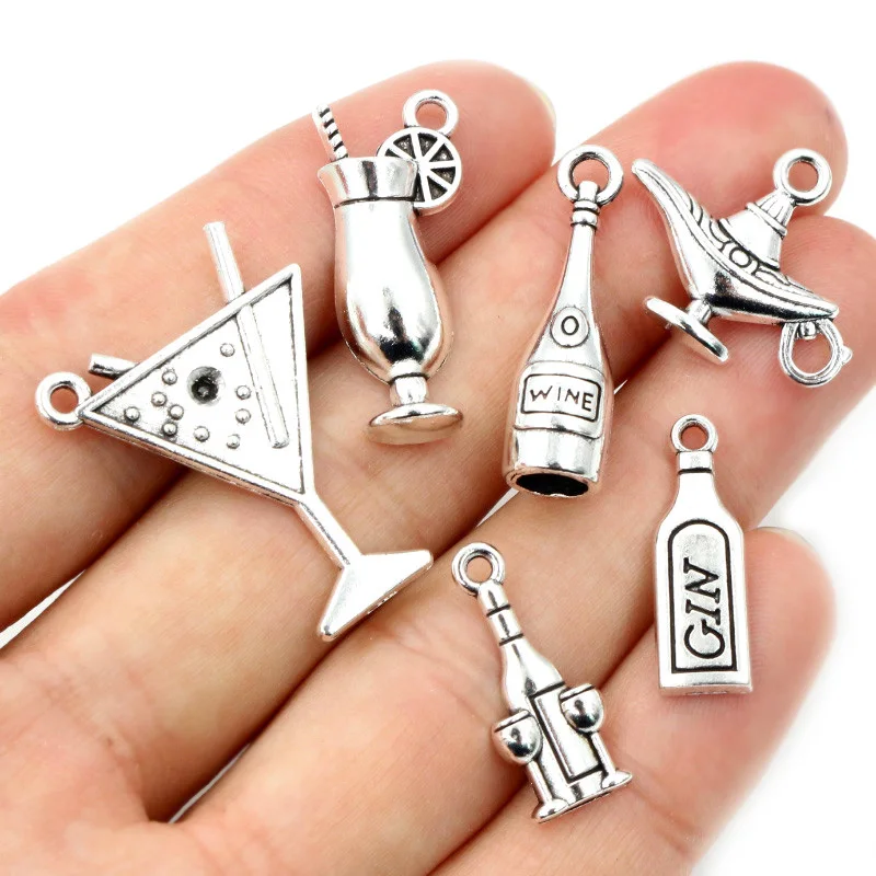 Moda antyczne posrebrzane miska na wino butelka wina Charms wisiorek ze stopu metali DIY Charms DIY komponenty do wyrobu biżuterii