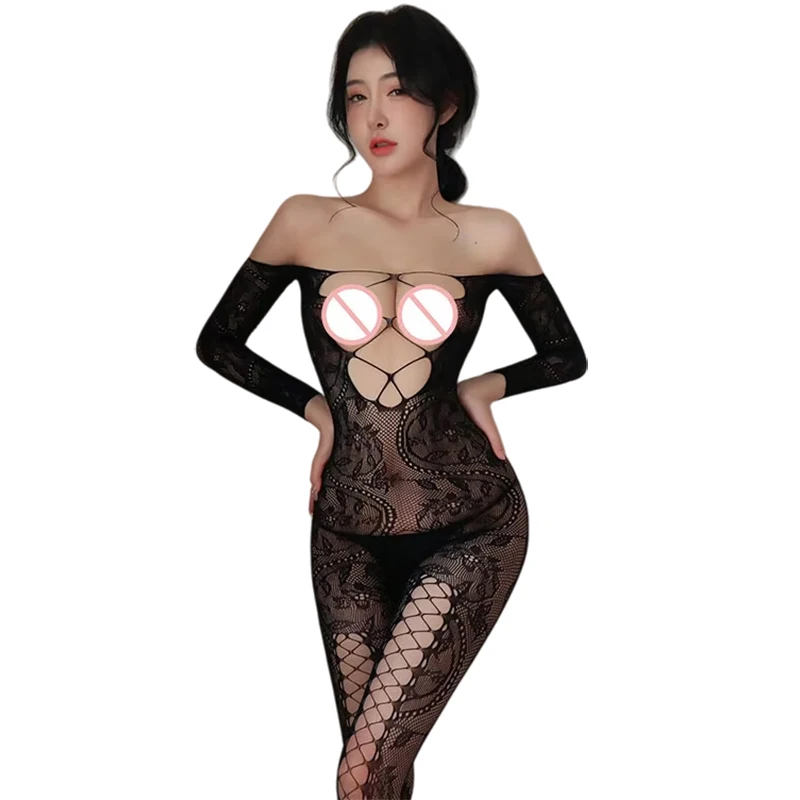 

Erotic Crotchless Mesh Bodystockign Sexy Lingerie Long Sleeve Off Shoulder Lace Jumpsuit Sleepwear Bodysuit Night Pajamas Woman