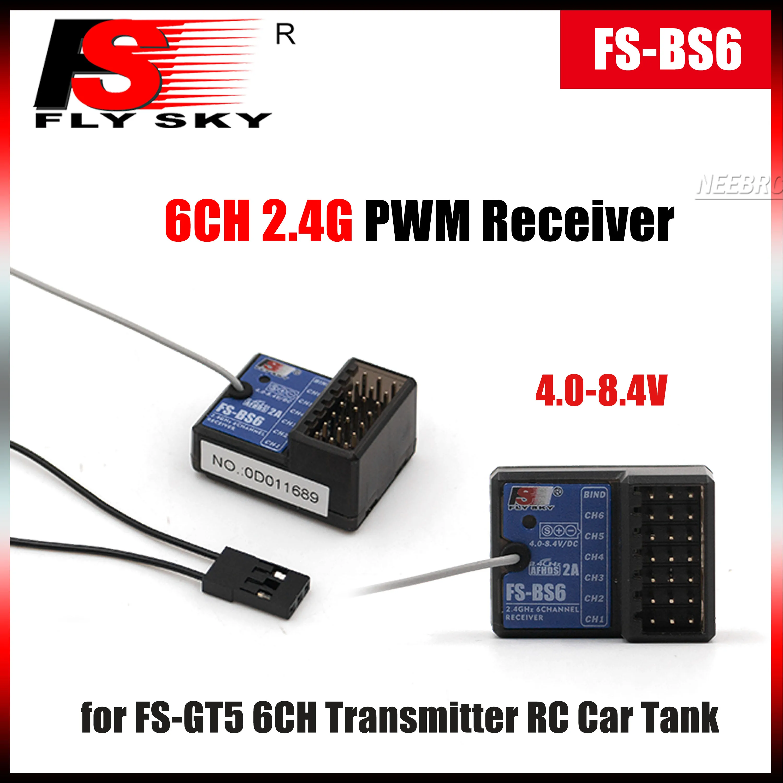 FLYSKY FS-BS6 6CH Receiver 2.4G PWM 4.0-8.4V for FS-GT5 Remote Controller Transmitter RC Car Crawler Vehicles Boat Tank Toy Part
