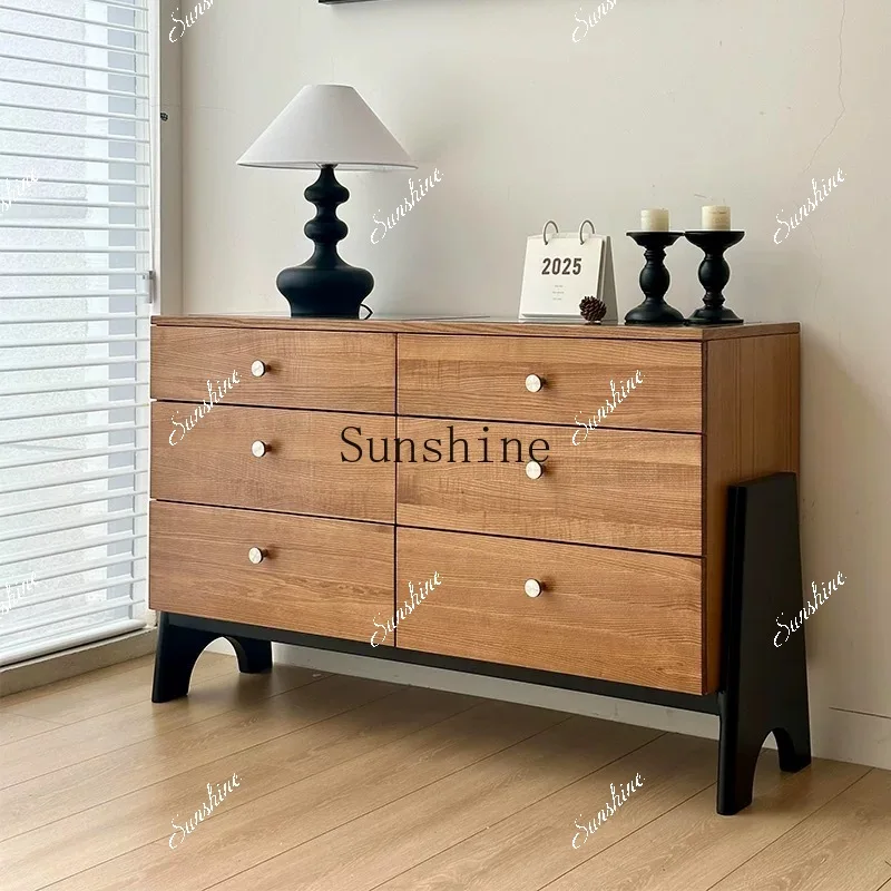 Medieval style six-bucket solid wood retro bedside cabinet, bedroom storage drawer, living room storage against the wall  FT