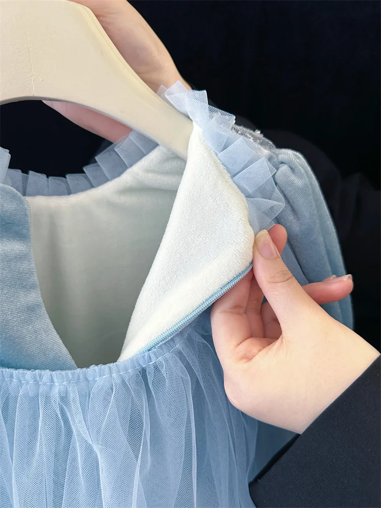 Mädchen Herbst Winter Mesh-Schleifen-Prinzessinnenkleid Kinder Schüler Paillettenkleid, Baby Warmes Puffkleid Kinder Lässiges Urlaubs-Party-Outfit – Detail 13