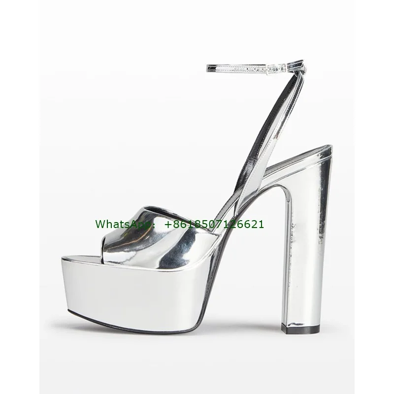 Silver Patent Leather Peep Toe Thick Heel Sandals Buckle Platform Round Toe Women Shoes